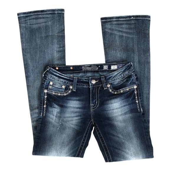 Miss Me Thick Stitched Retro Y2K Low Rise Boot Cut Denim Womens Jeans 28x34 - Picture 3 of 16